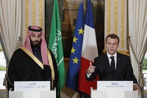 FILE - French President Emmanuel Macron, right, and Saudi Arabia Crown Prince Mohammed bin Salman attend a press conference at the Elysee Palace in Paris, Tuesday, April 10, 2018. (File photo | AP)