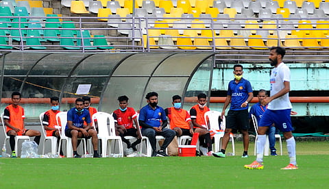 The Andaman and Nicobar dugout looks on during their Santosh Trophy match against Kerala at the Jawaharlal Nehru International Stadium in Kochi on Friday (Photo | A Sanesh)