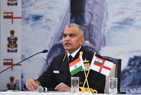 Navy Chief Admiral R. Hari Kumar addresses the Navy Day press conference in New Delhi on Friday. (Photo | Shekhar Yadav/EPS)