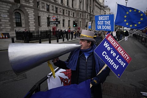 Anti-Brexit protester Steve Bray demonstrates on the edge of Parliament Square across the street from the Houses of Parliament, in London. (Photo | AP)