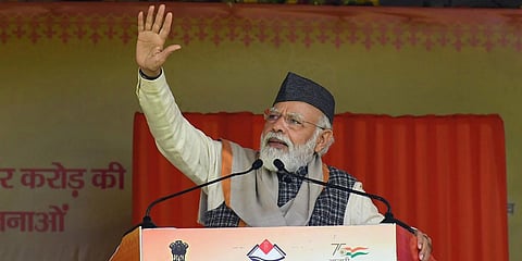 PM Narendra Modi addresses a rally in Haldwani, Uttarakhand. (Photo| PTI)