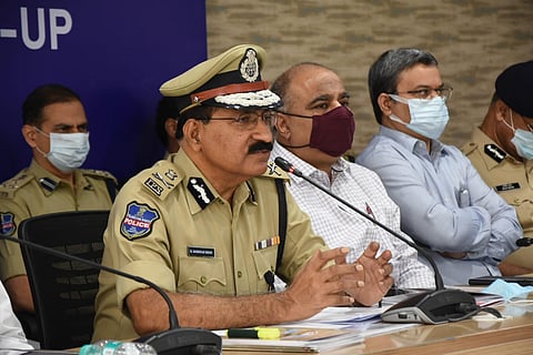 DGP Mahender Reddy along with other officers holding the annual media conference in Hyderabad on Friday (Express Photo | R V K Rao)