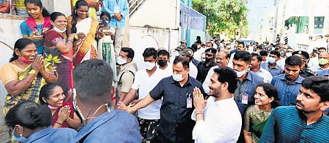 CM Jagan visiting flood-hit Krishna Nagar in Tirupati on Friday I express