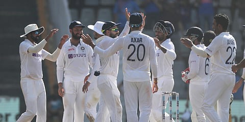 Indian players celebrates the dismissal of New Zealand's Rachin Ravindra during Day 2 of their 2nd Test in Mumbai. (Photo| AP)