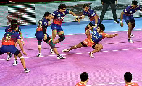 FILE | Patna Players in action during the Pro Kabaddi League match between Dabang Delhi and UP Yoddha in Patna. (Photo | PTI)