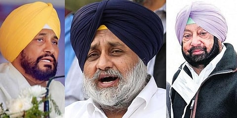 Punjab Chief Minister Charanjit Singh Channi (L), SAD president Sukhbir Singh Badal (C), former CM Amarinder Singh (R) (File Photos | PTI)