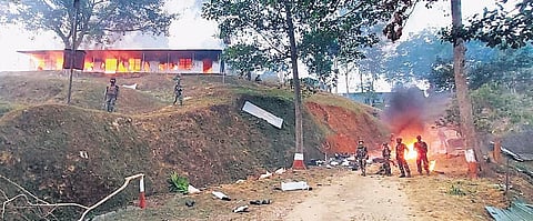 An Assam Rifles camp in Mon town of Nagaland on fire after a mob attack on Sunday, following the killing of civilians by mistake the previous day. (Photo | Special Arrangement)