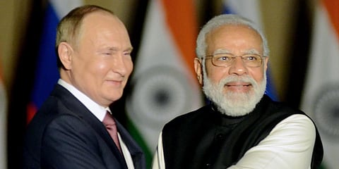 PM Narendra Modi (R) with Russian President Vladimir Putin. (Photo| ANI)