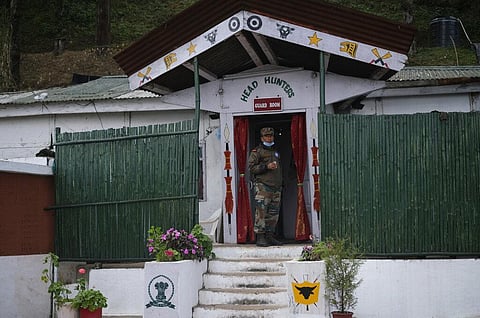 An Indian army soldier stands outside a guard room at an army camp in Jakhama, outskirts of Kohima, northeastern Nagaland state. (Photo | AP)