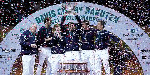 The Russian Tennis Federation team celebrate with the trophy after winning the Davis Cup tennis final at the Madrid Arena in Madrid, Spain, Sunday, Dec. 5, 2021. (Photo | AP)