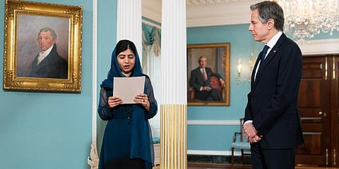 Secretary of State Antony Blinken, listens to Pakistani activist for female education Malala Yousafzai, speaks in the Treaty Room at the State Department, Monday, Dec 6, 2021, Washington. (Photo | AP)