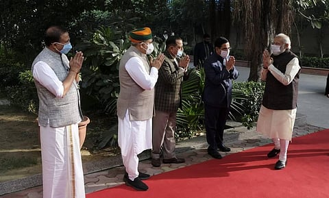 Prime Minister Narendra Modi, Union Home Minister Amit Shah and others during the BJP Parliamentary Party meeting in New Delhi on Tuesday. (Photo | Shekhar Yadav/EPS)