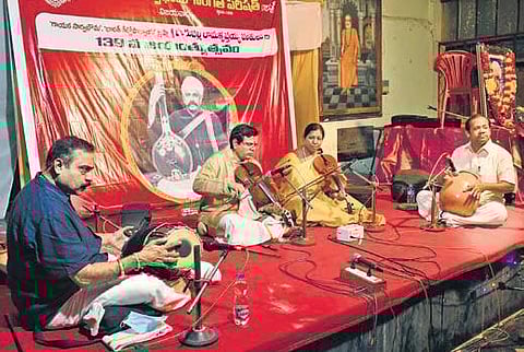 Peravali Nanda Kumar and Bhavani on violin, BVS Prasad on mrindangam and M Hari Babu on ghatam perform in Vijayawada on Monday, Dev 6, 2021 (Photo | EPS, Prasant Madugula)