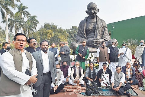 Opposition MPs with their 12 suspended colleagues at Parliament. (Photo | Shekhar Yadav/EPS)