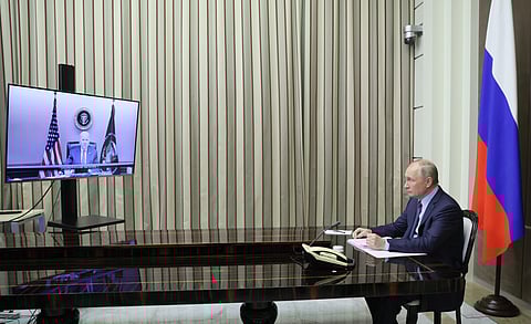 Russian President Vladimir Putin is shown during his talks with U.S. President Joe Biden via videoconference in the Bocharov Ruchei residence in Russia, Tuesday, Dec. 7, 2021. (AP)
