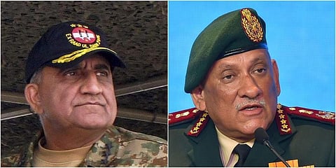 Pakistan Chief of Army Staff General Qamar Javed Bajwa (L) and late Indian CoDS Bipin Rawat. (Photo| PTI)