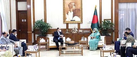 Indian Foreign Secretary Harsh Vardhan Shringla with Bangladesh PM Sheikh Hasina. (Photo | Twitter)