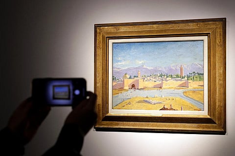 An oil on canvas painting by Sir Winston Churchill Painted in Jan. 1943 called 'Tower of the Koutoubia Mosque' is displayed at Christie's auction rooms in London. (Photo | AP)