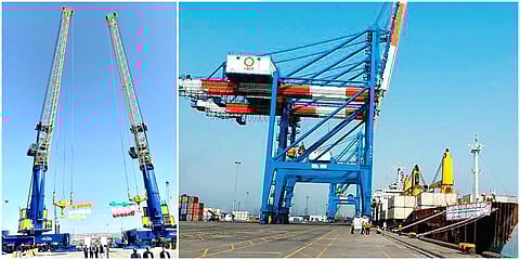 The mobile harbour cranes (L) and Chabahar port. (Photo| Twitter)
