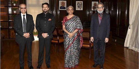 Finance Minister Nirmala Sitharaman along with MoS for Finance Anurag Thakur and others during the final touches of Union Budget 2021-22, at Finance Ministry in New Delhi, Sunday, Jan. 31, 2021. (PTI)