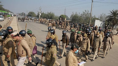 Enhanced security at Singhu border during farmers protest against the new farm laws in New Delhi on Sunday. (Photo | Shekhar Yadav/EPS)