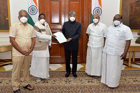The CM met the President in the presence of ministers Malladi Krishna Rao and M Kandasamy and Lok Sabha member V Vaithilingam (Photo | Special arrangement)