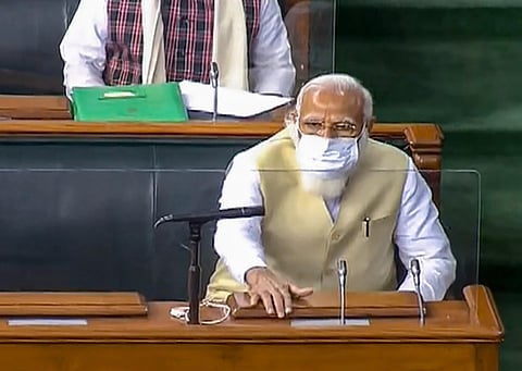 Prime Minister Narendra Modi in the Lok Sabha during the ongoing Budget Session of Parliament in New Delhi. (Photo | PTI)
