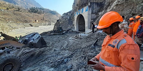 Rescue work going on near Tunnel at Tapovan Joshimath in Uttrakhand on Wednesday. (Photo | Shekhar Yadav, EPS)