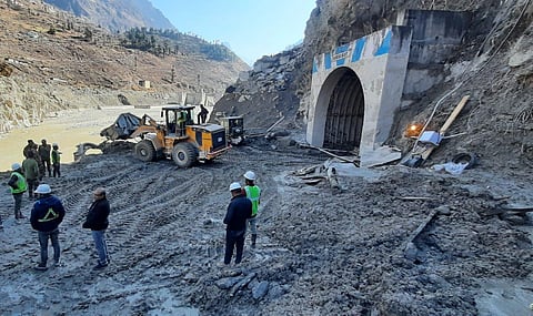 Rescue work going on near Tunnel at Tapovan Joshimath in Uttrakhand on Wednesday. (Photo | EPS/Shekhar Yadav)