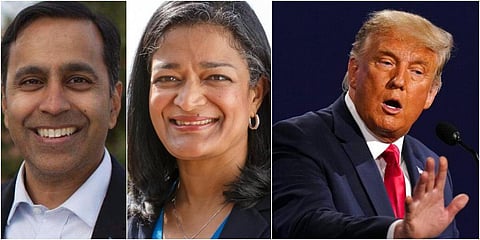Indian-origin US lawmakers Raja Krishnamoorthi (L) and Pramila Jayapal and former US president Donald Trump. (File photo| AFP and Facebook)