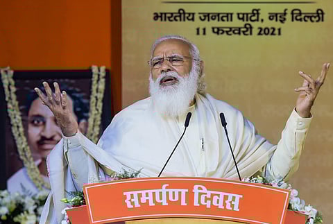 PM Modi speaks during 'Samarpan Diwas' event organised to pay homage to former Bharatiya Jana Sangh leader Pandit Deendayal Upadhyaya on his 53rd death anniversary in New Delhi Thursday. (Photo | PTI)