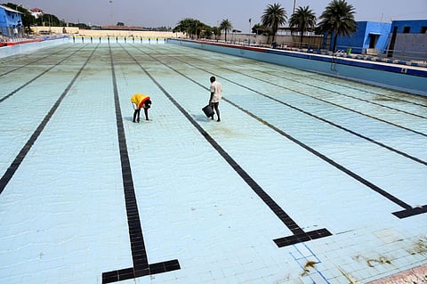 Renovation work taking place at the Marina swimming pool, which is set to reopen on March 1 (Photo | R Satish Babu)