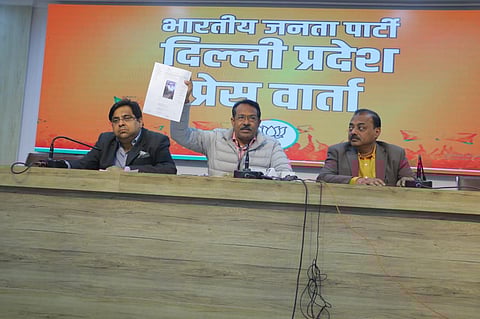 Harshdeep Malhotra (center) at a press conference at Delhi BJP headquarters.