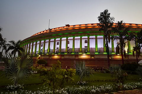 An illuminated Parliament House building (Photo | PTI)
