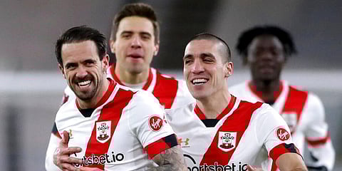 Southampton's Danny Ings celebrates scoring against Wolverhampton Wanderers with teammates during the English FA Cup. (Photo | AP)