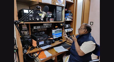Ham Operator Subramanian N Shastry interacts with a Ham operator from Germany on the eve of World Radio Day. (Photo | A Sanesh, EPS)