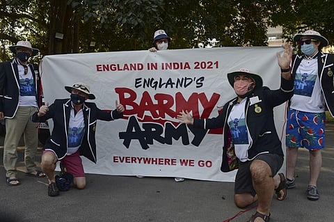 Cricket fans of the Barmy Army cheer before the second Test match between India and England outside the M.A. Chidambaram Cricket Stadium in Chennai on February 13, 2021. (Photo | AFP)