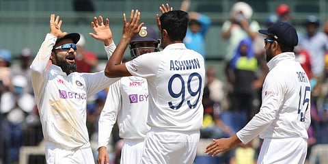 Indian players celebrate the dismissal of Ben Stokes on day 2 of the 2nd Test vs England in Chennai. (Photo| Twitter/ @bcci)
