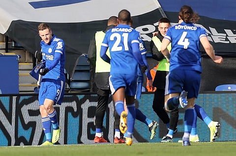 Leicester City striker Jamie Vardy (L) celebrates with teammates after he scores his team's second goal against Liverpool at King Power Stadium in Leicester, on February 13, 2021. (Photo | AFP)
