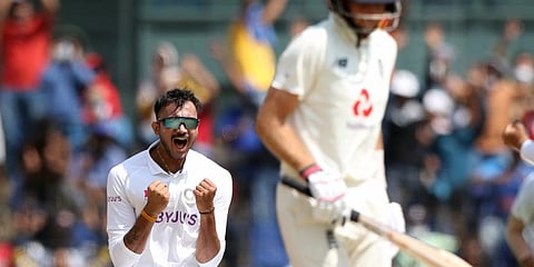 India's Axar Patel celebrates the dismissal of England's Joe Root during the second Test match at Chennai's MA Chidambaram Stadium. (Photo | ANI)