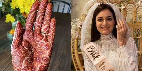Bollywood actor Dia Mirza gave fans a glimpse of her stunning mehendi (L); picture of actor from her bridal shower. (Photo | Instagram/@diamirzaofficial stories)