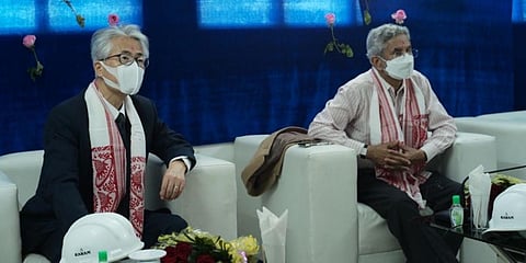 Japanese Ambassador to India Satoshi Suzuki (L) and External Affairs minister S Jaishankar. (Photo| Twitter/ @EOJinIndia)