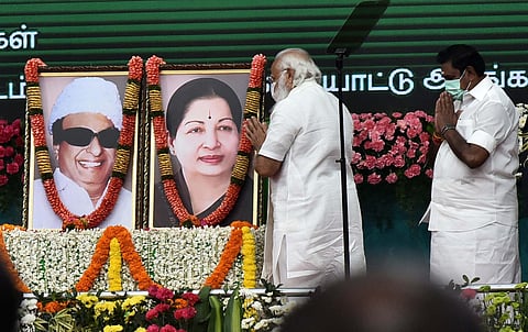 Prime Minister Modi paying respects to AIADMK founder MG Ramachandran and former chief minister J Jayalalithaa, in Chennai. (Photo | P Jawahar, EPS)