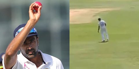 Indian player Ashwin shows the match ball after taking 8 wickets; Ashiwn (R) shakes a leg to a song at Chepauk stadium. (Photos | Twitter, screenshot)