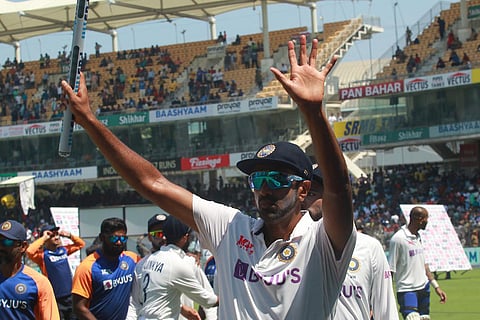 Indian player Ravichandran Ashwin with match stump waving at the crowd in Chennai. (Photo | Twitter/@BCCI)