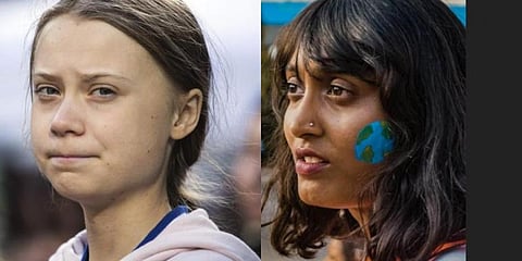 Climate activist Greta Thunberg (L) and activist Disha Ravi (R)