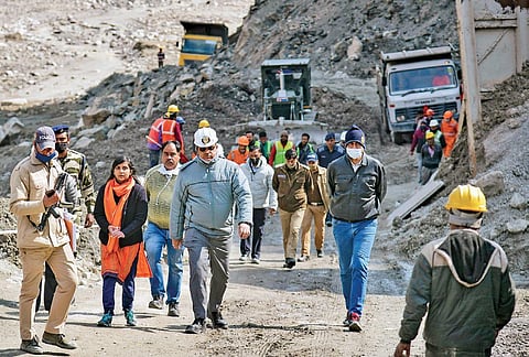 Officials inspect the damaged Tapovan tunnel on Monday | pTI
