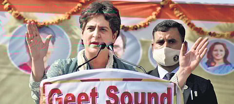 Priyanka Gandhi Vadra at a ‘kisan mahapanchayat’ in Bijnor on Monday | Express