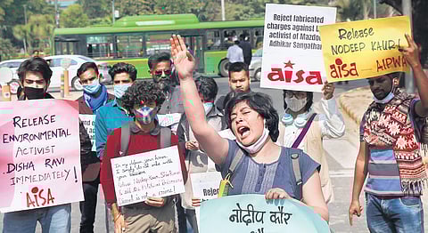 Students demand the release of activists Disha Ravi and Nodeep Kaur at a protest in New Delhi on Monday | Shekhar yadav