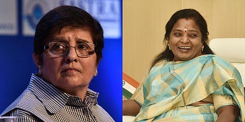 Kiran Bedi (L) and Telangana Governor Tamilisai Soundararajan (R) (Photos | PTI, EPS)